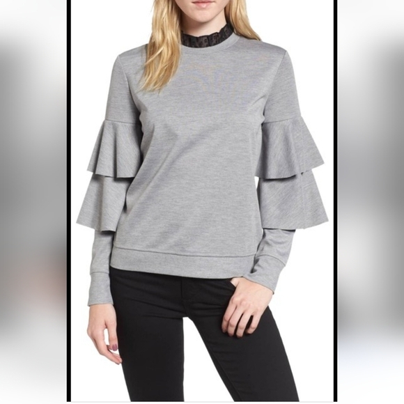 Chelsea28 Sweaters - Chelsea28 Gray Ruffle Sleeve Blouse Mock Neck Lace Trim Feminine Chic